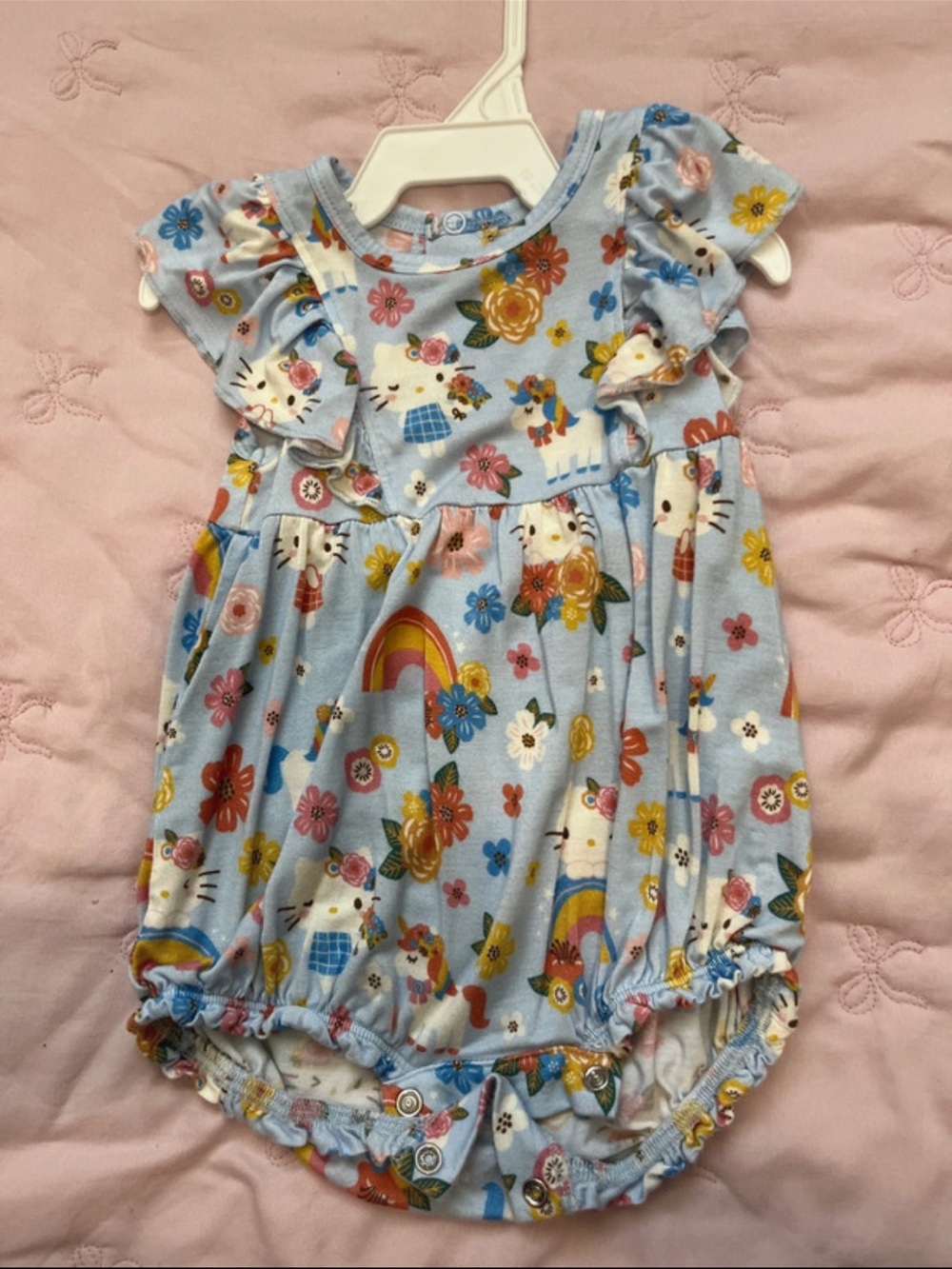 Posh Peanut Light Blue Hello Kitty Floral Rainbow Bubble Romper